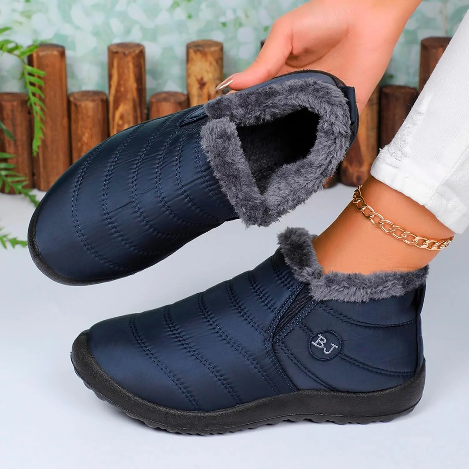 Women Fuzzy Fleece Lined Snow Ankle Boot Outdoor Hiking Casual Flat Booties Winter Warm Trendy Round Toe Short Boot
