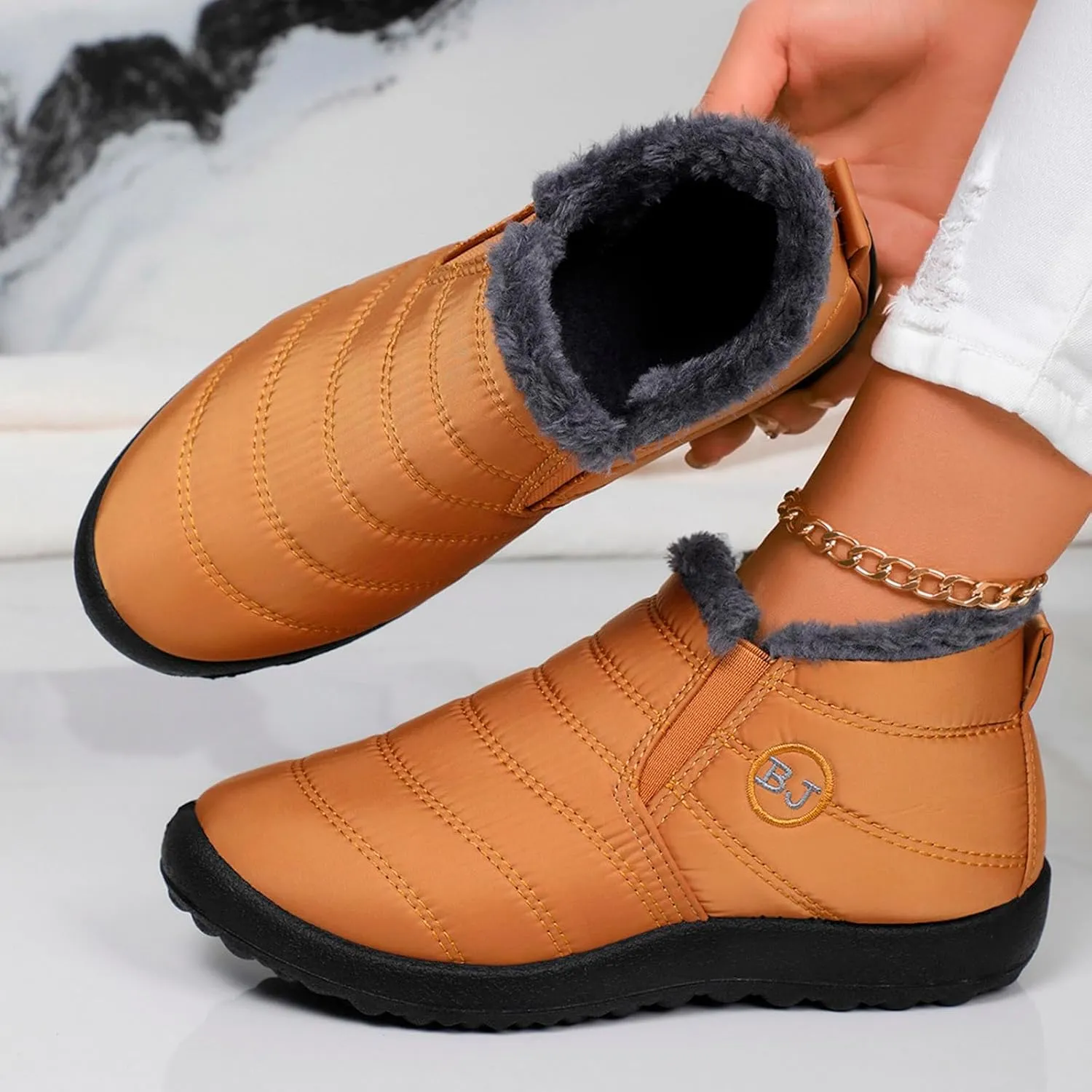 Women Fuzzy Fleece Lined Snow Ankle Boot Outdoor Hiking Casual Flat Booties Winter Warm Trendy Round Toe Short Boot