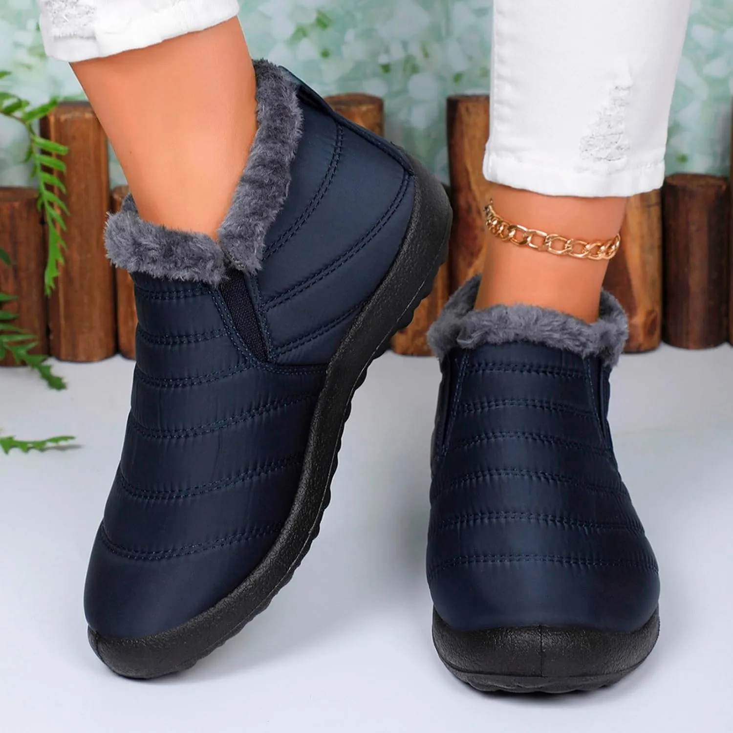 Women Fuzzy Fleece Lined Snow Ankle Boot Outdoor Hiking Casual Flat Booties Winter Warm Trendy Round Toe Short Boot