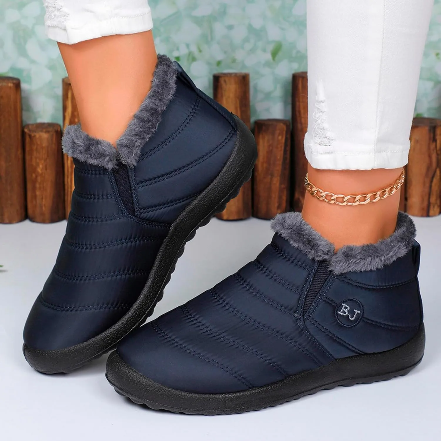 Women Fuzzy Fleece Lined Snow Ankle Boot Outdoor Hiking Casual Flat Booties Winter Warm Trendy Round Toe Short Boot