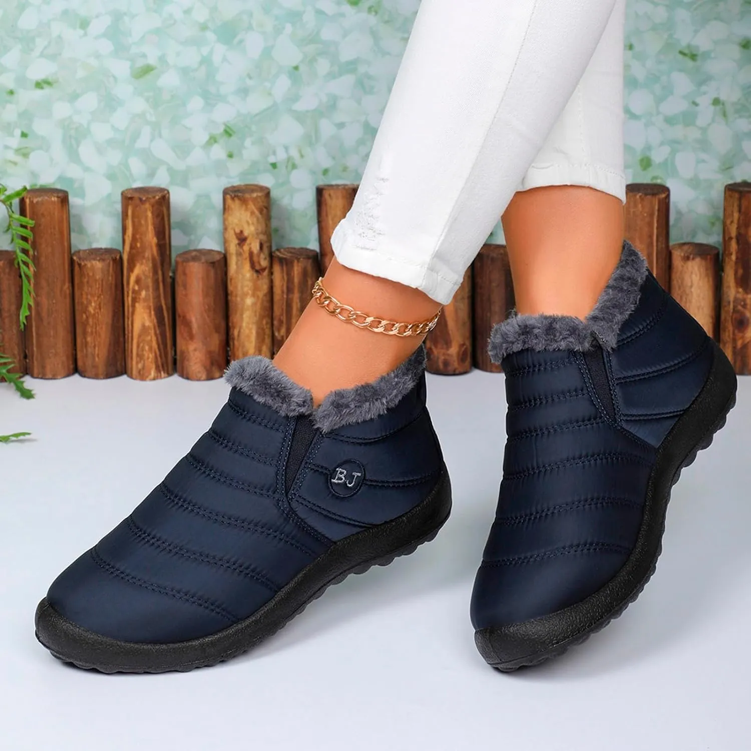 Women Fuzzy Fleece Lined Snow Ankle Boot Outdoor Hiking Casual Flat Booties Winter Warm Trendy Round Toe Short Boot