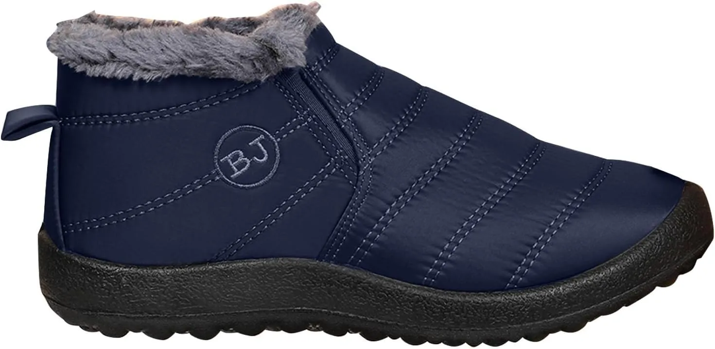 Women Fuzzy Fleece Lined Snow Ankle Boot Outdoor Hiking Casual Flat Booties Winter Warm Trendy Round Toe Short Boot