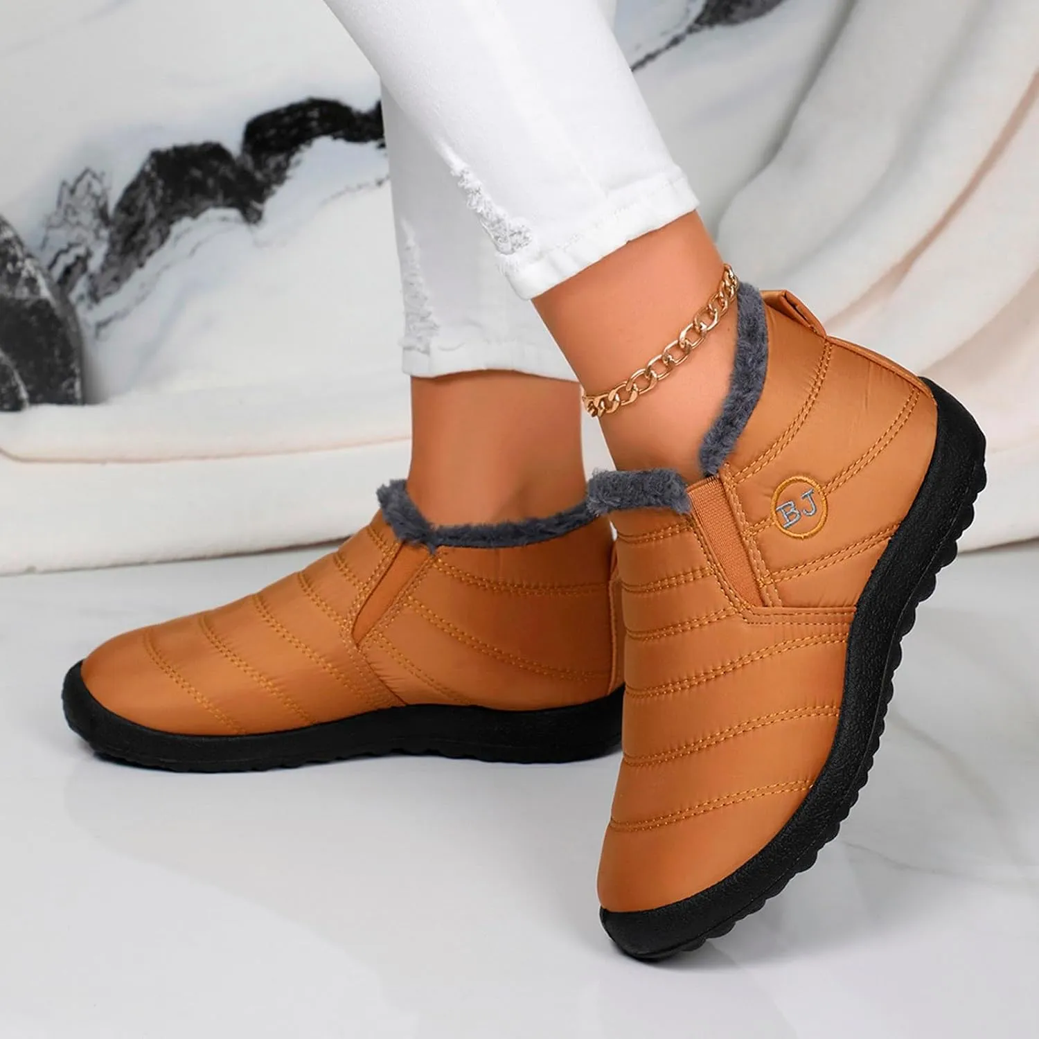 Women Fuzzy Fleece Lined Snow Ankle Boot Outdoor Hiking Casual Flat Booties Winter Warm Trendy Round Toe Short Boot