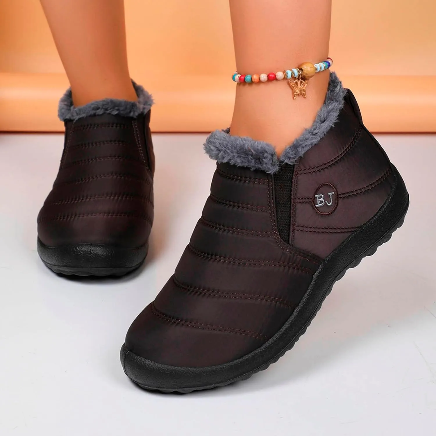Women Fuzzy Fleece Lined Snow Ankle Boot Outdoor Hiking Casual Flat Booties Winter Warm Trendy Round Toe Short Boot