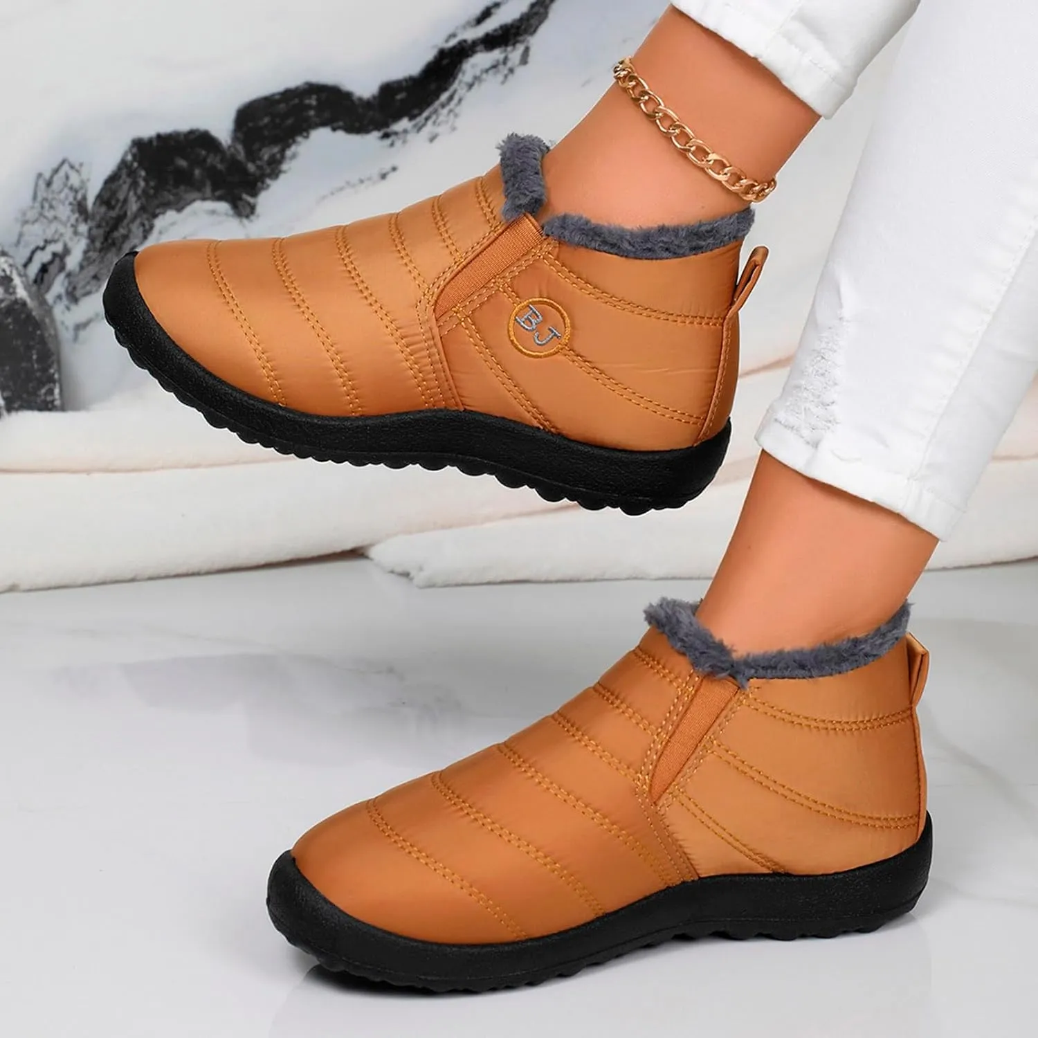 Women Fuzzy Fleece Lined Snow Ankle Boot Outdoor Hiking Casual Flat Booties Winter Warm Trendy Round Toe Short Boot