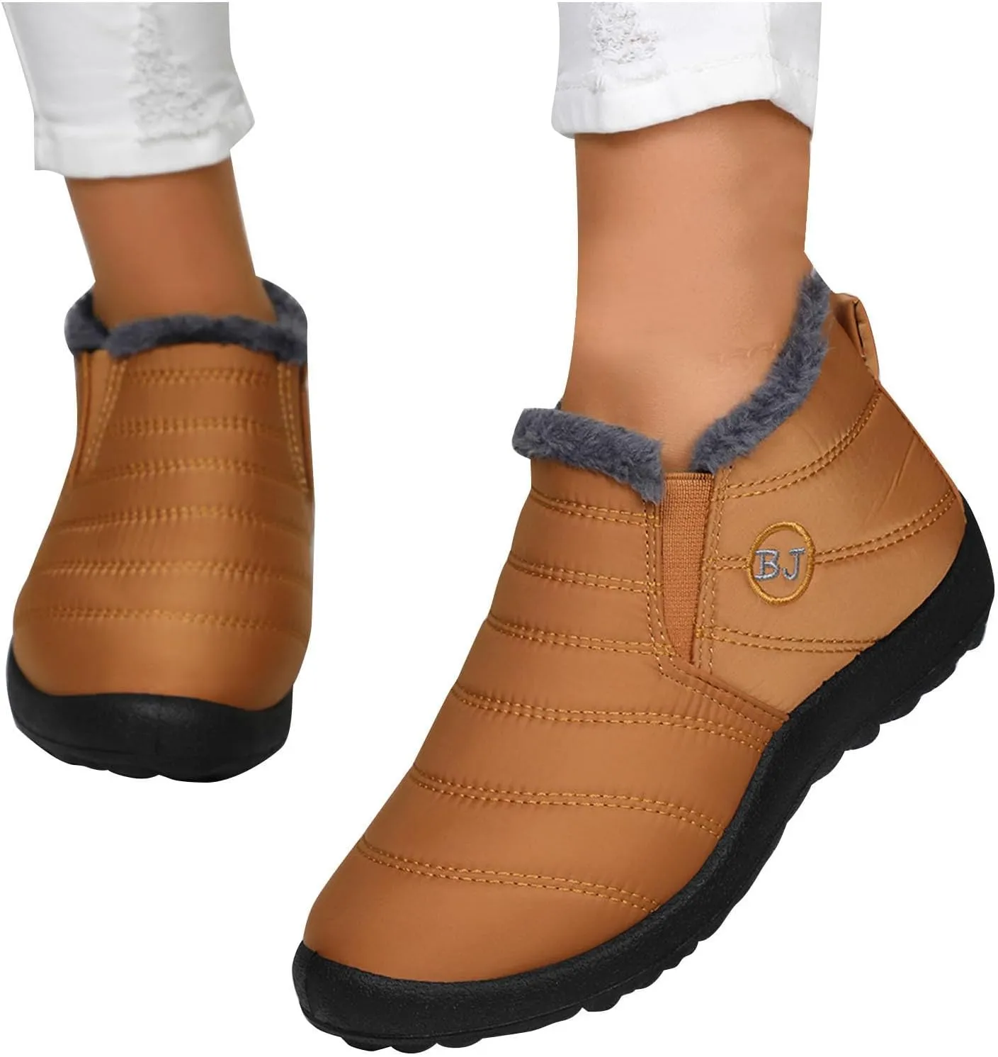 Women Fuzzy Fleece Lined Snow Ankle Boot Outdoor Hiking Casual Flat Booties Winter Warm Trendy Round Toe Short Boot