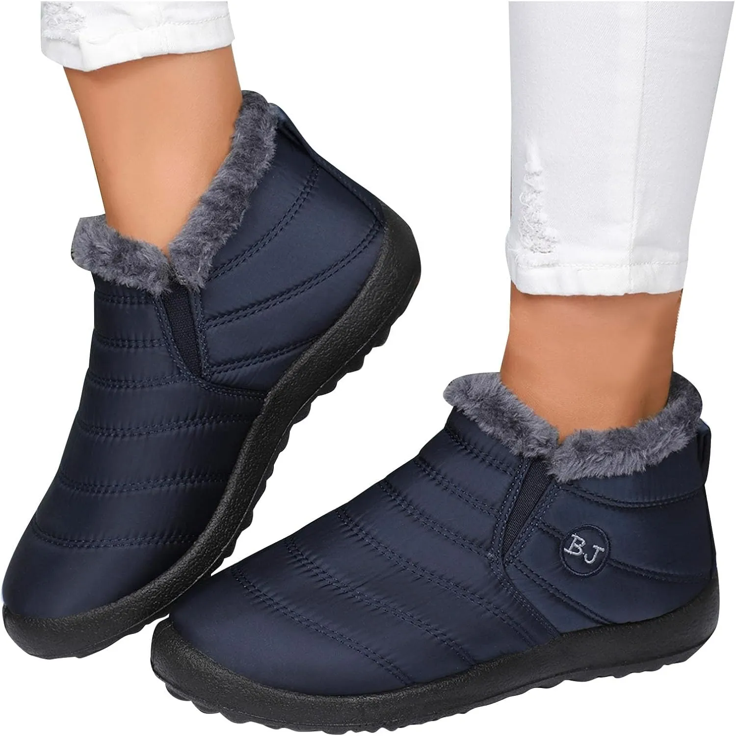Women Fuzzy Fleece Lined Snow Ankle Boot Outdoor Hiking Casual Flat Booties Winter Warm Trendy Round Toe Short Boot