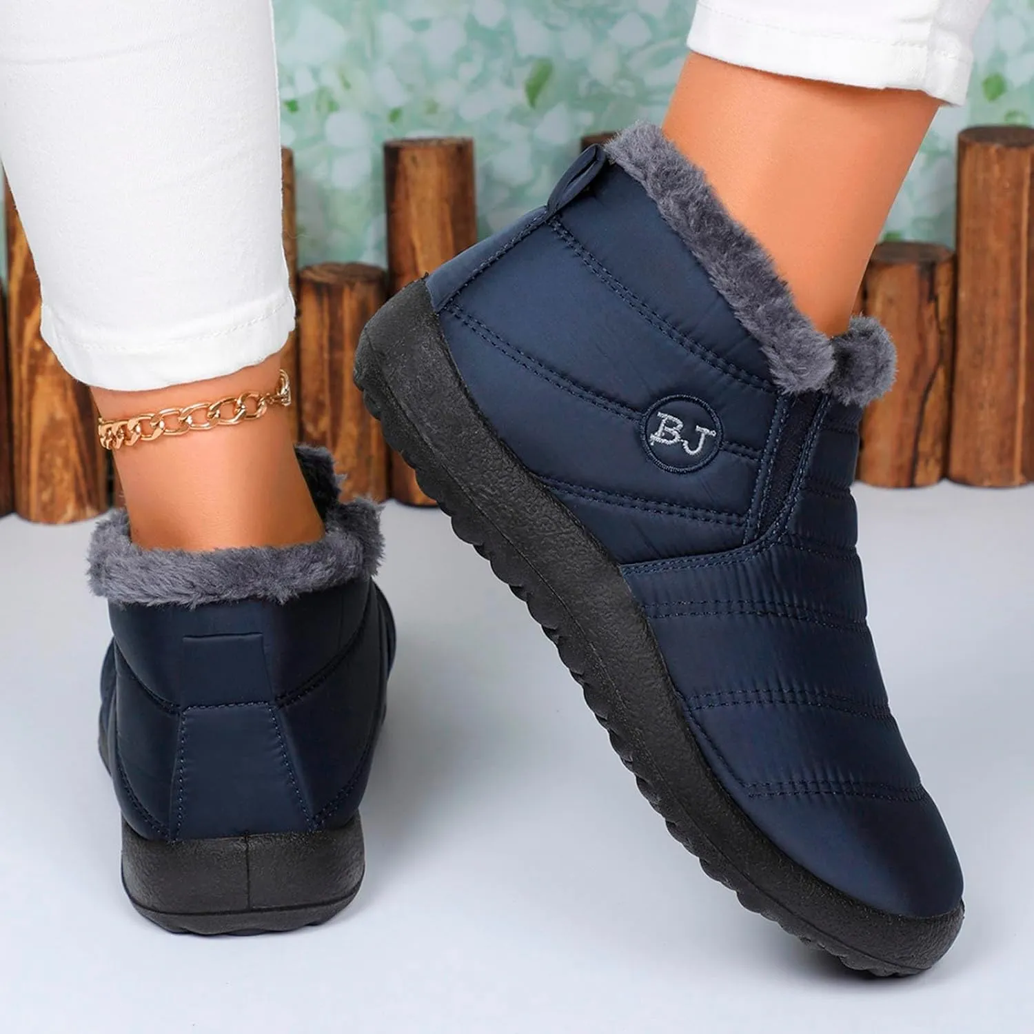 Women Fuzzy Fleece Lined Snow Ankle Boot Outdoor Hiking Casual Flat Booties Winter Warm Trendy Round Toe Short Boot