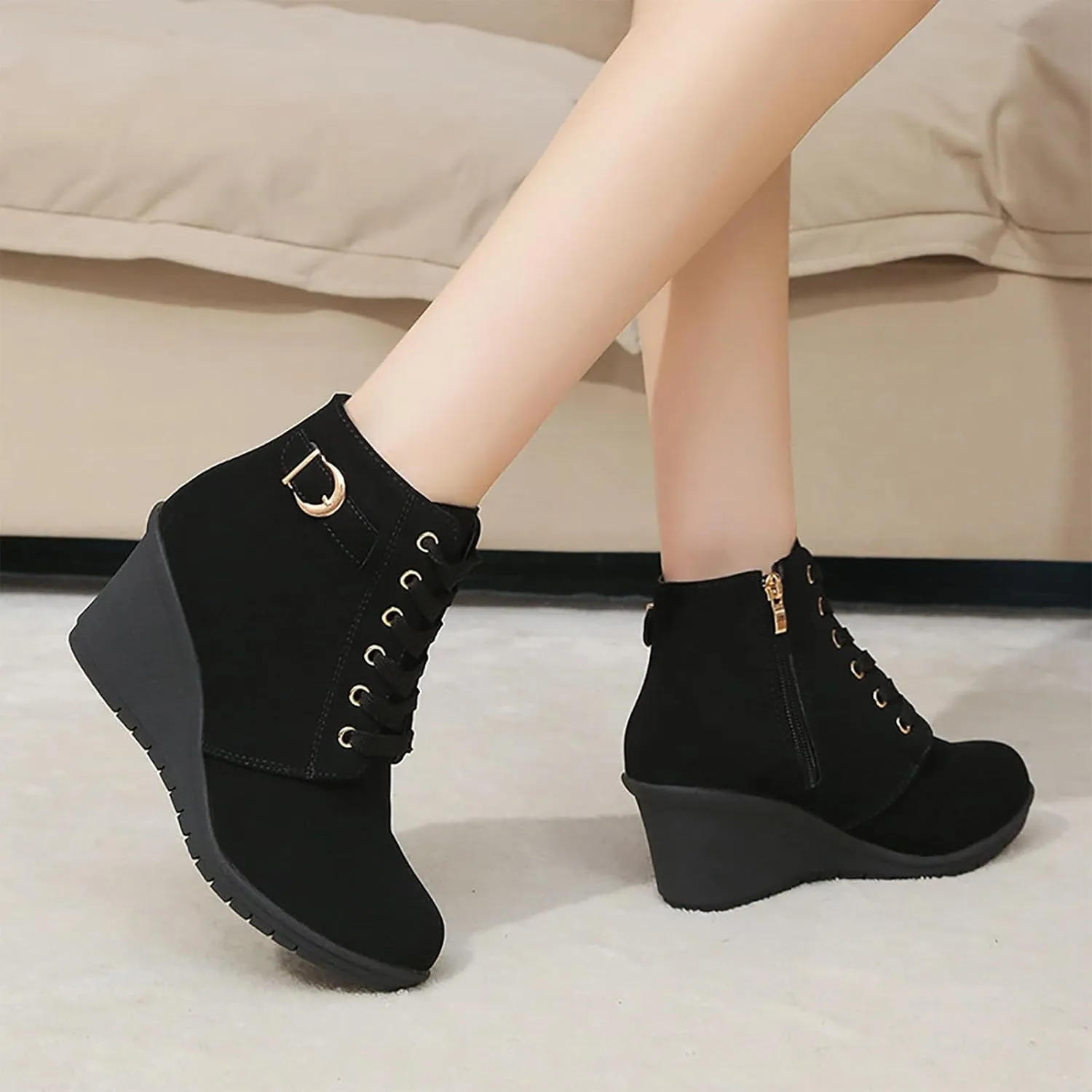 Women's Autumn and Winter Fashion Wedge Heel Platform Lace Up Ankle Boots Warm and Comfortable Style Shoes Boots