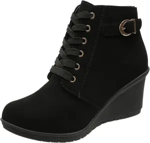 Women's Autumn and Winter Fashion Wedge Heel Platform Lace Up Ankle Boots Warm and Comfortable Style Shoes Boots