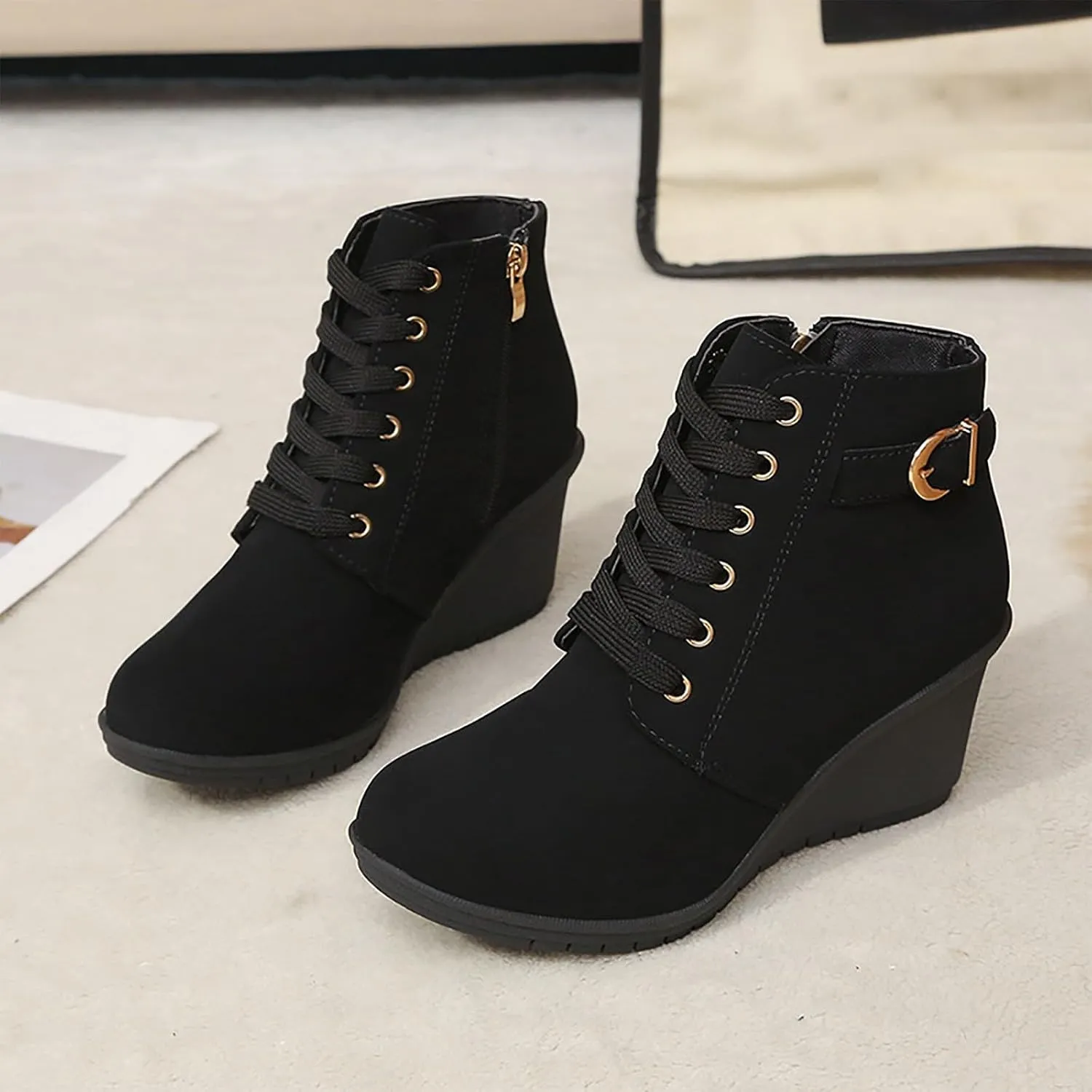 Women's Autumn and Winter Fashion Wedge Heel Platform Lace Up Ankle Boots Warm and Comfortable Style Shoes Boots