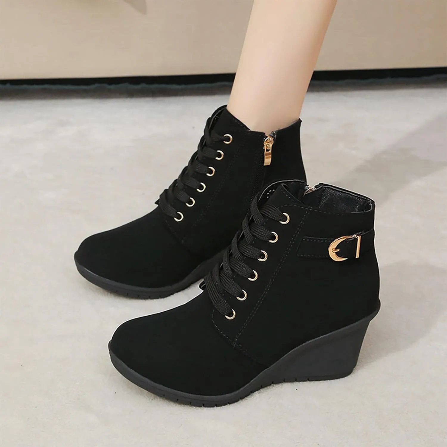 Women's Autumn and Winter Fashion Wedge Heel Platform Lace Up Ankle Boots Warm and Comfortable Style Shoes Boots