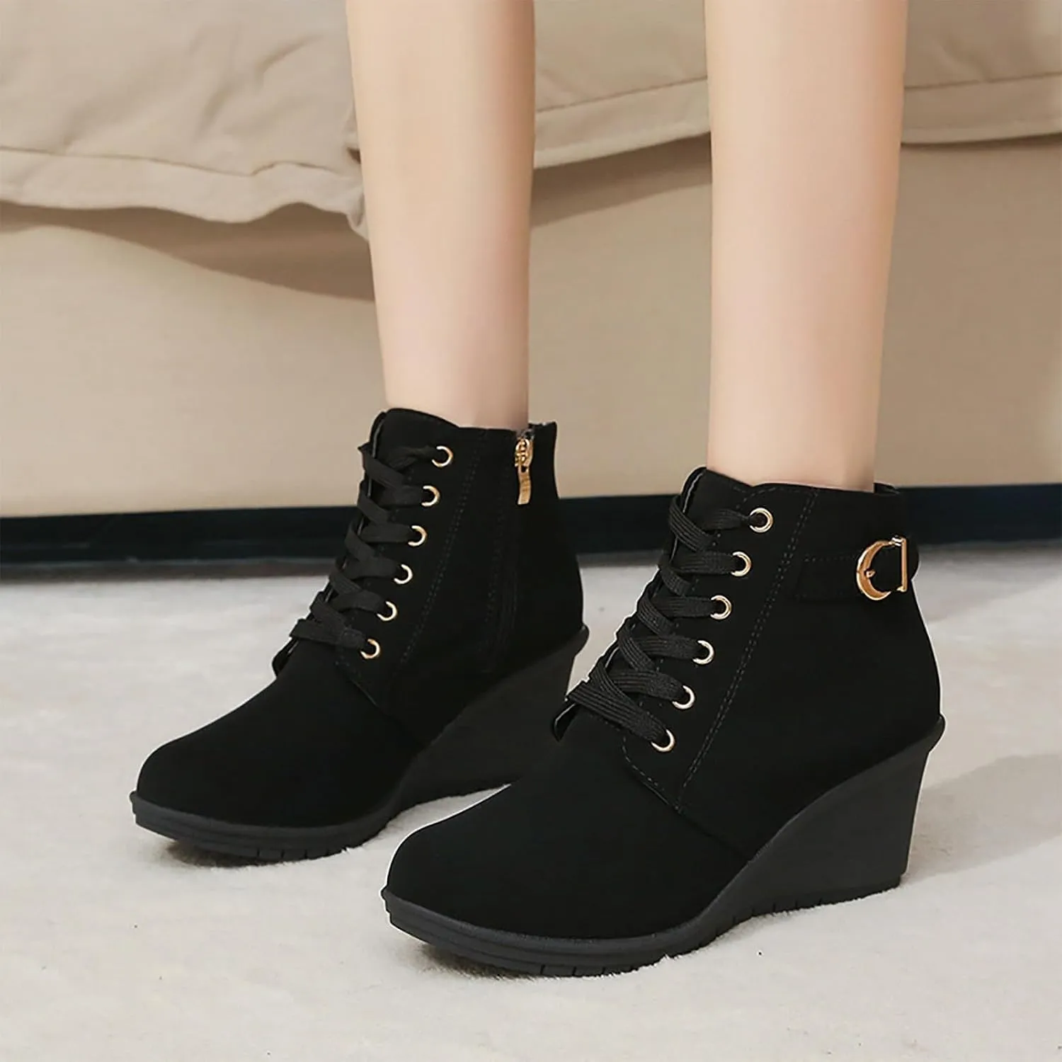 Women's Autumn and Winter Fashion Wedge Heel Platform Lace Up Ankle Boots Warm and Comfortable Style Shoes Boots
