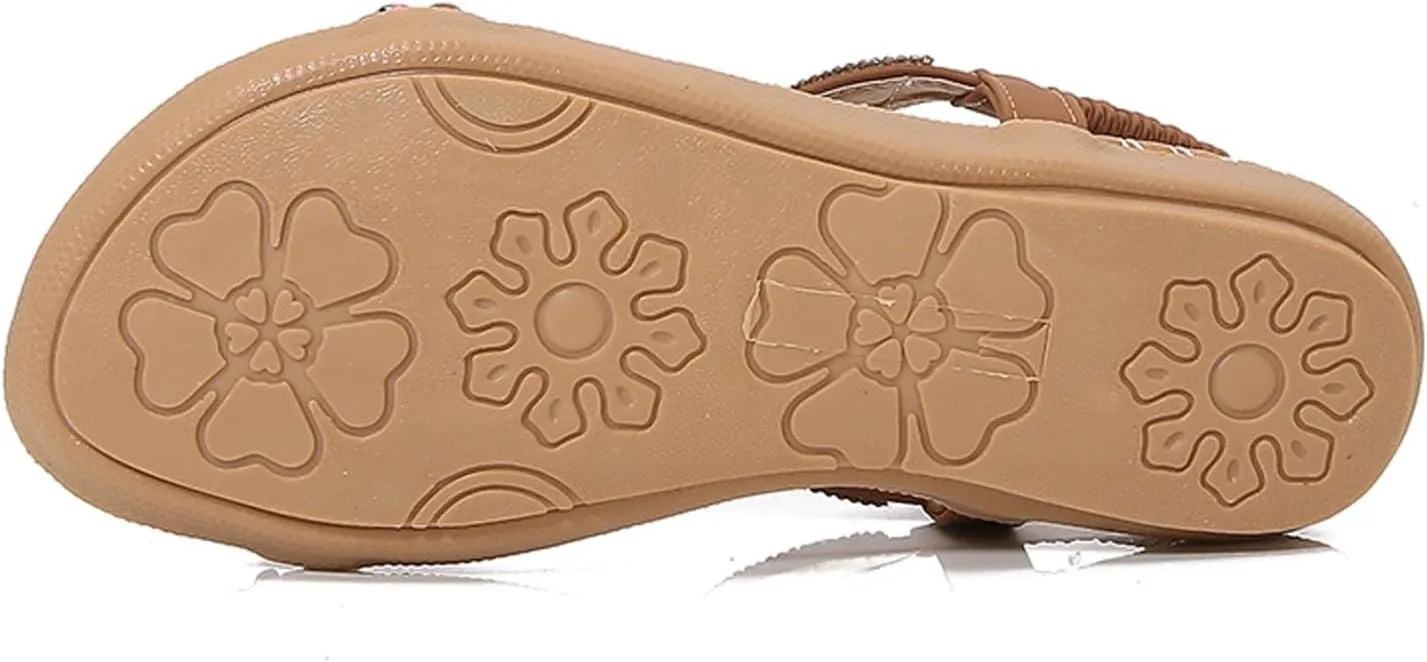 Women's Bohemian Flat Sandals Summer Comfortable Dressy Open Toe Beach Walking Casual Elastic Ankle Strap