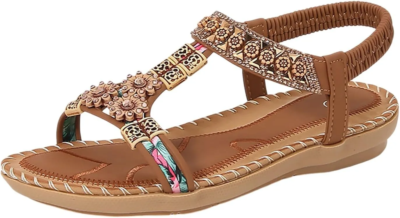 Women's Bohemian Flat Sandals Summer Comfortable Dressy Open Toe Beach Walking Casual Elastic Ankle Strap