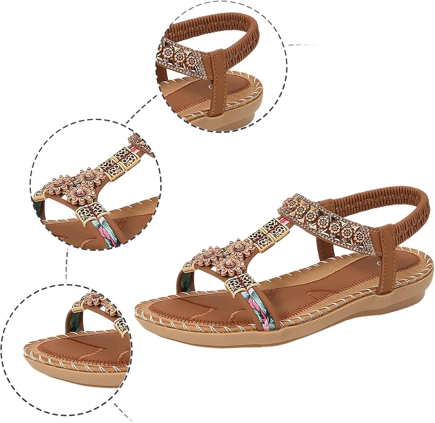 Women's Bohemian Flat Sandals Summer Comfortable Dressy Open Toe Beach Walking Casual Elastic Ankle Strap