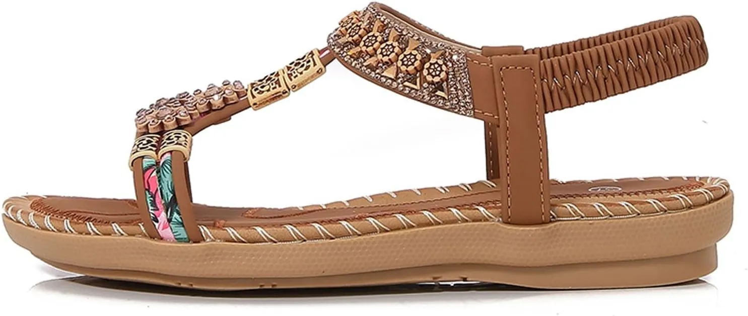 Women's Bohemian Flat Sandals Summer Comfortable Dressy Open Toe Beach Walking Casual Elastic Ankle Strap