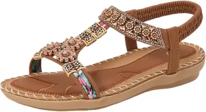 Women's Bohemian Flat Sandals Summer Comfortable Dressy Open Toe Beach Walking Casual Elastic Ankle Strap