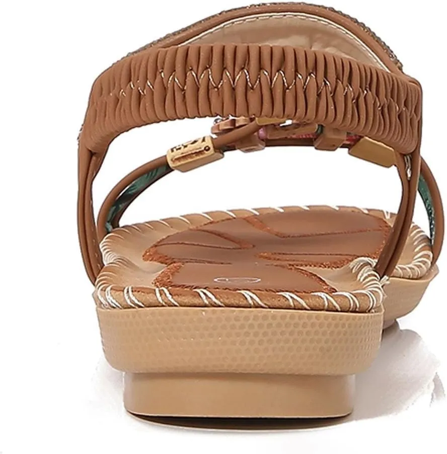 Women's Bohemian Flat Sandals Summer Comfortable Dressy Open Toe Beach Walking Casual Elastic Ankle Strap