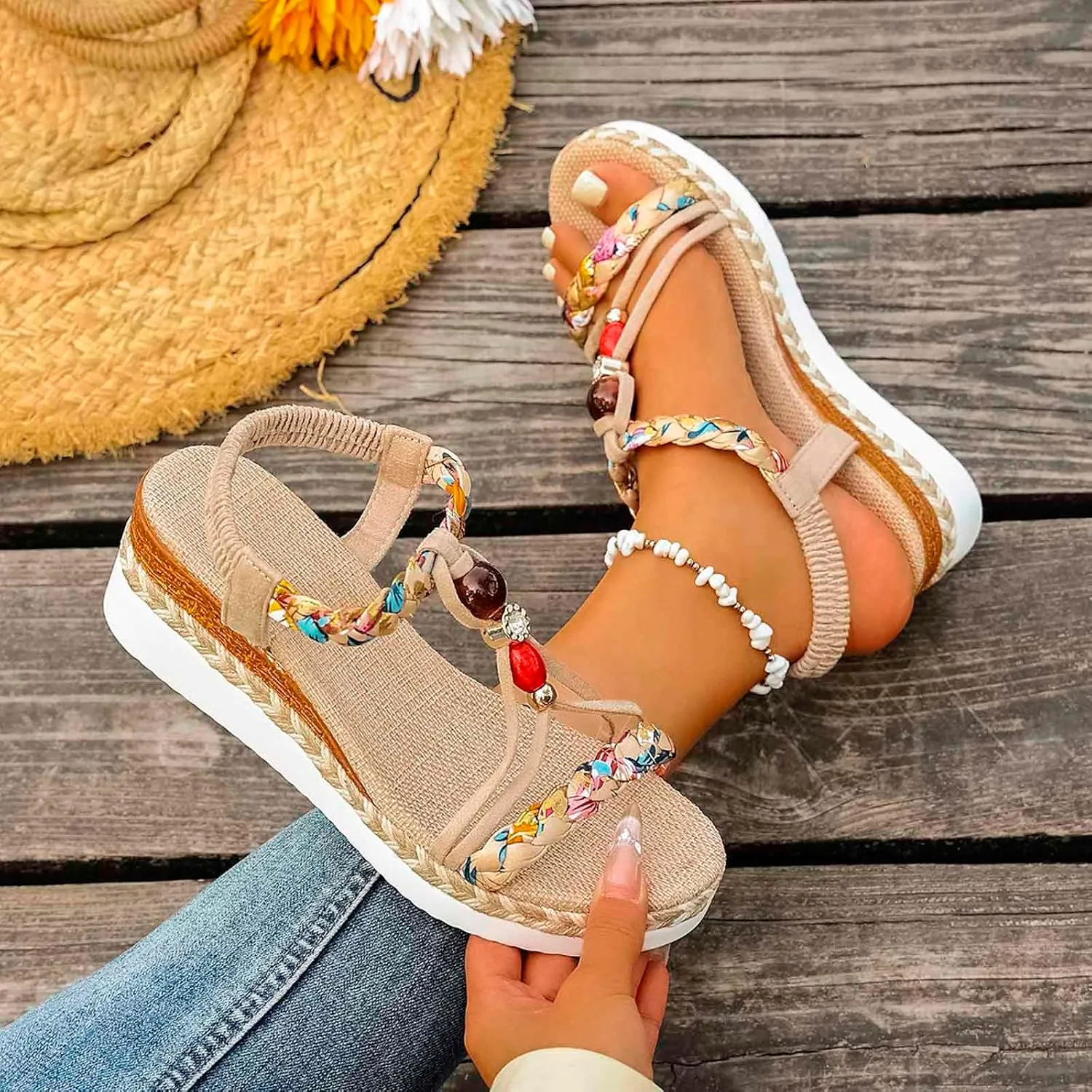Women's Breathable Open Toe Slip On Sandals Comfortable Wedge Heel Shoes for Beach Walking Casual Daily Wear