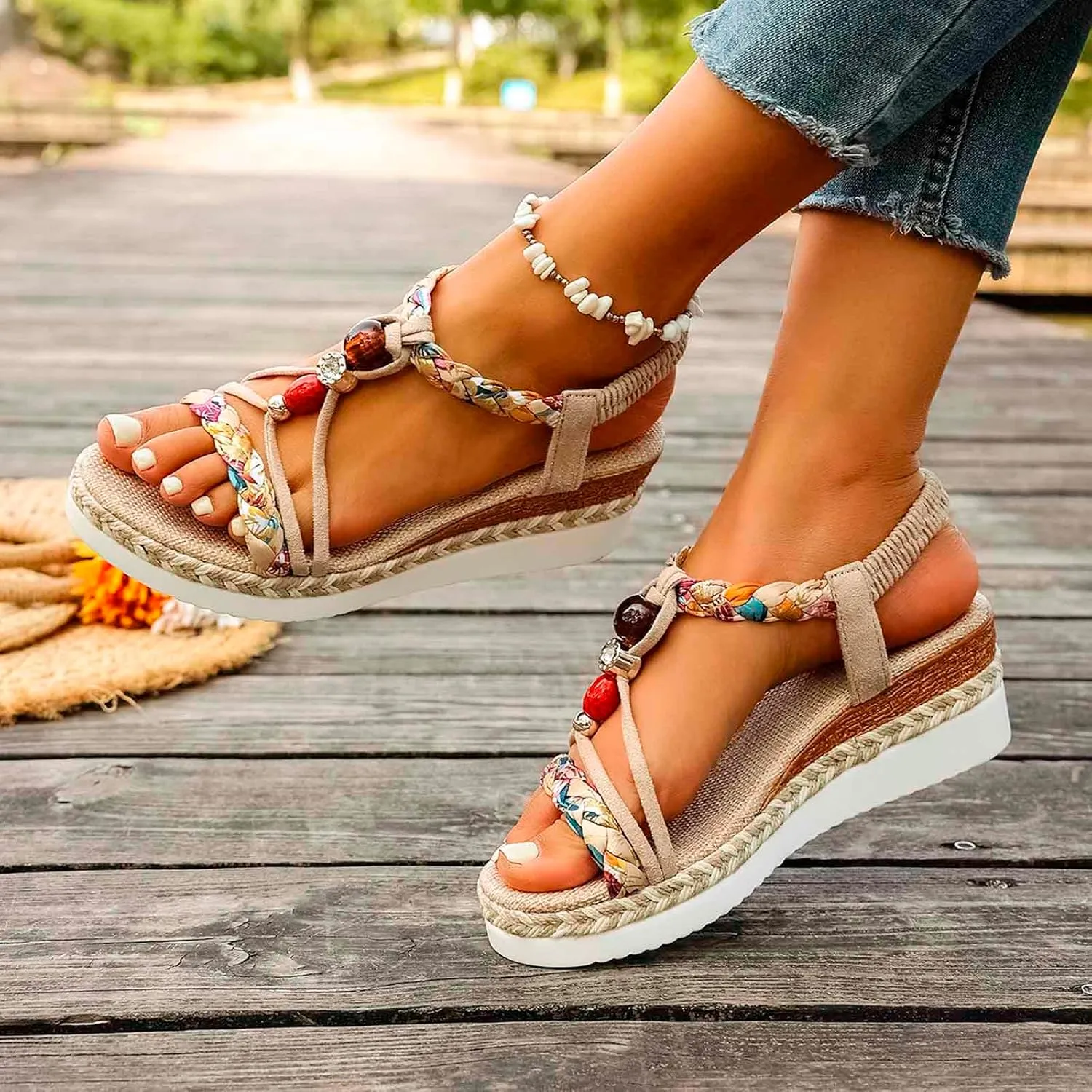 Women's Breathable Open Toe Slip On Sandals Comfortable Wedge Heel Shoes for Beach Walking Casual Daily Wear