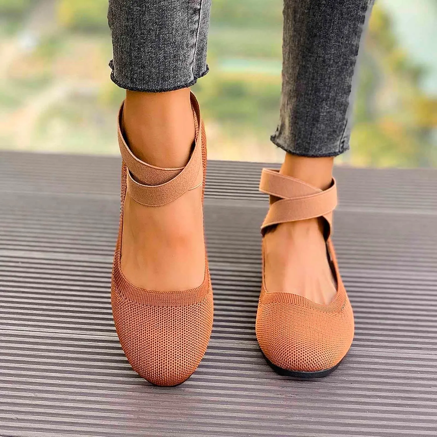 Women's Casual Ballet with Elastic Straps Comfortable Round Toe Slip On Shoes for Daily Wear Dressy Outfits