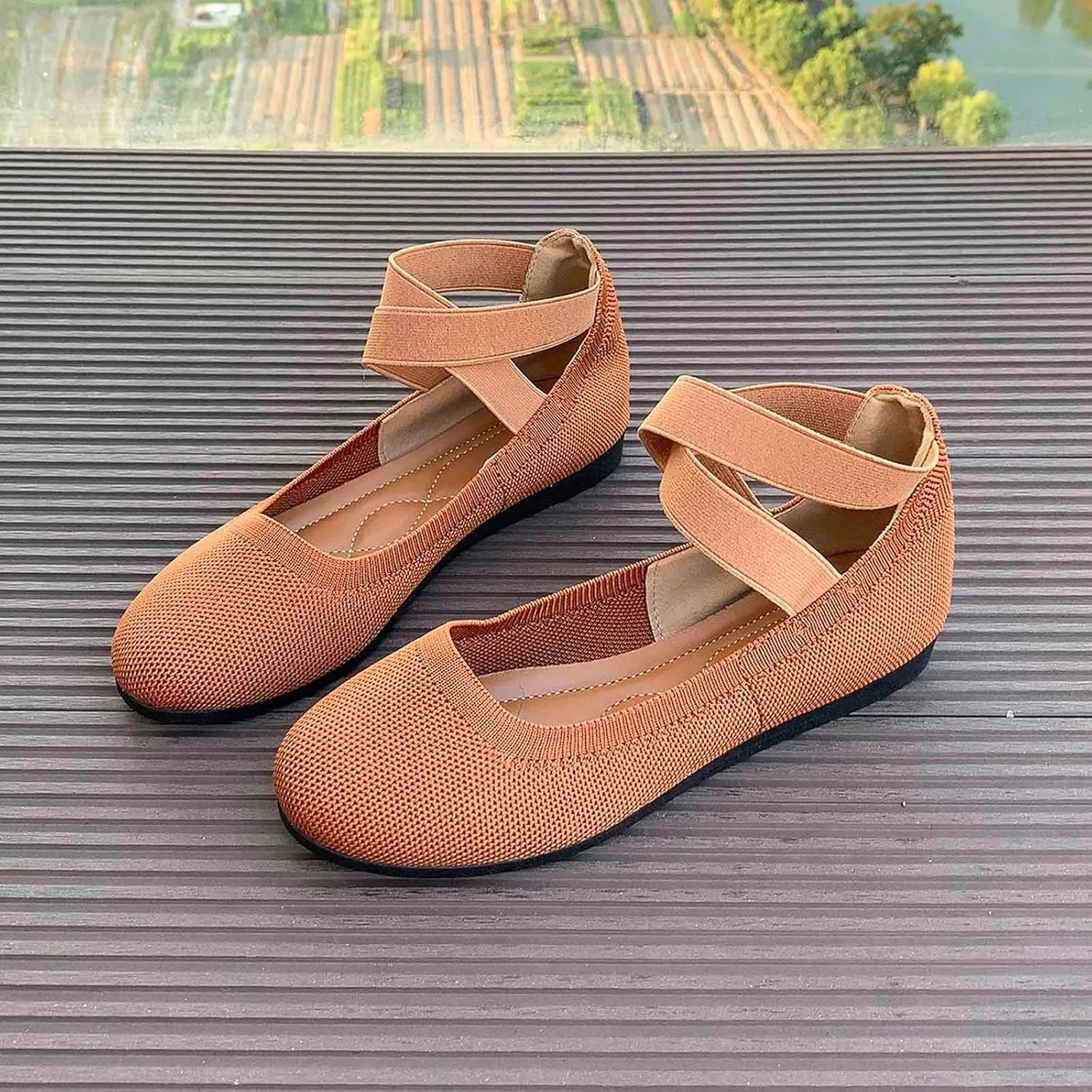 Women's Casual Ballet with Elastic Straps Comfortable Round Toe Slip On Shoes for Daily Wear Dressy Outfits