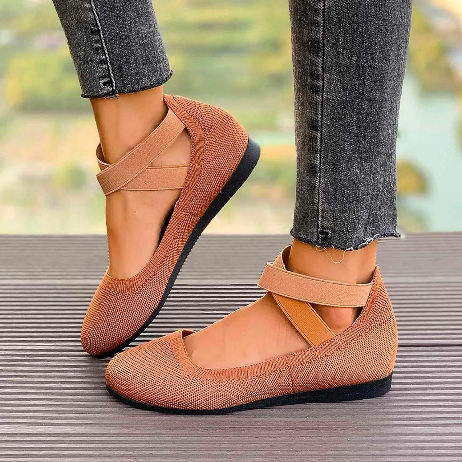 Women's Casual Ballet with Elastic Straps Comfortable Round Toe Slip On Shoes for Daily Wear Dressy Outfits