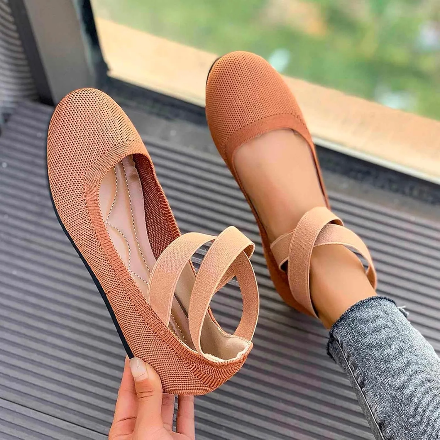 Women's Casual Ballet with Elastic Straps Comfortable Round Toe Slip On Shoes for Daily Wear Dressy Outfits