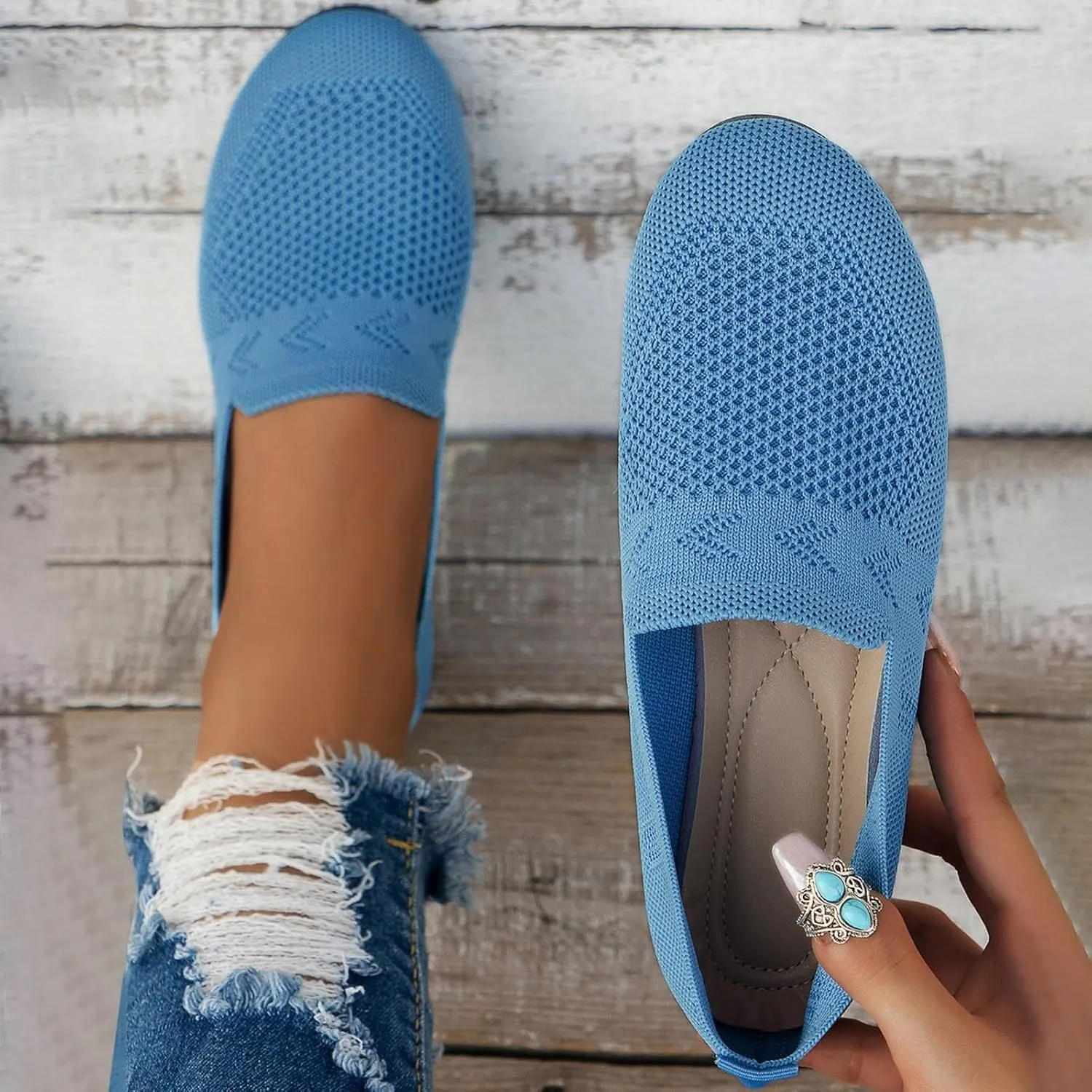 Women's Casual Mesh Slip-On Wide Flat Round Toe Air Cushioned Black Running Tennis Walking Shoes