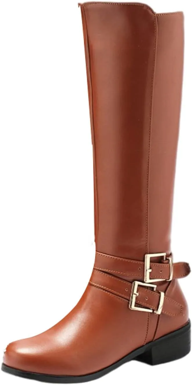 Women's Knee High Boots Wide Calf Comfortable Winter Boots Chunky Heel Buckle Side Zipper Motorcycle Riding Combat Boots