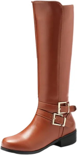 Women's Knee High Boots Wide Calf Comfortable Winter Boots Chunky Heel Buckle Side Zipper Motorcycle Riding Combat Boots