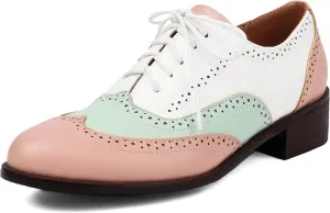 Women's Lace Up Chunky Heel Oxford Wingtip Brogue Formal Business Low Heel Flats Comfortable Dress Shoes Vintage Round Toe Pumps