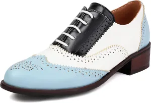 Women's Lace Up Wingtip Multicolor Flat Oxfords Vintage Oxford Round Toe Comfortable Work Office Business Formal Brogue Dress Shoes Low Heel Pumps
