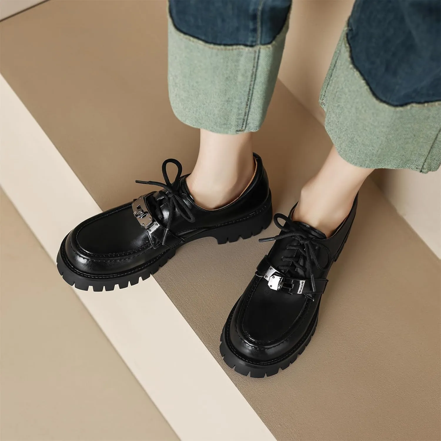 Women's Retro Platform Hook & Loop Round Closed Toe Pump Loafers Lace Up Chunky Mid Heel Metallic Office Work Casual Fashion Business Dress Shoes All Weather Daily Wear Flats