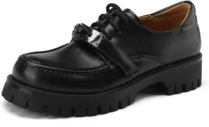 Women's Retro Platform Hook & Loop Round Closed Toe Pump Loafers Lace Up Chunky Mid Heel Metallic Office Work Casual Fashion Business Dress Shoes All Weather Daily Wear Flats