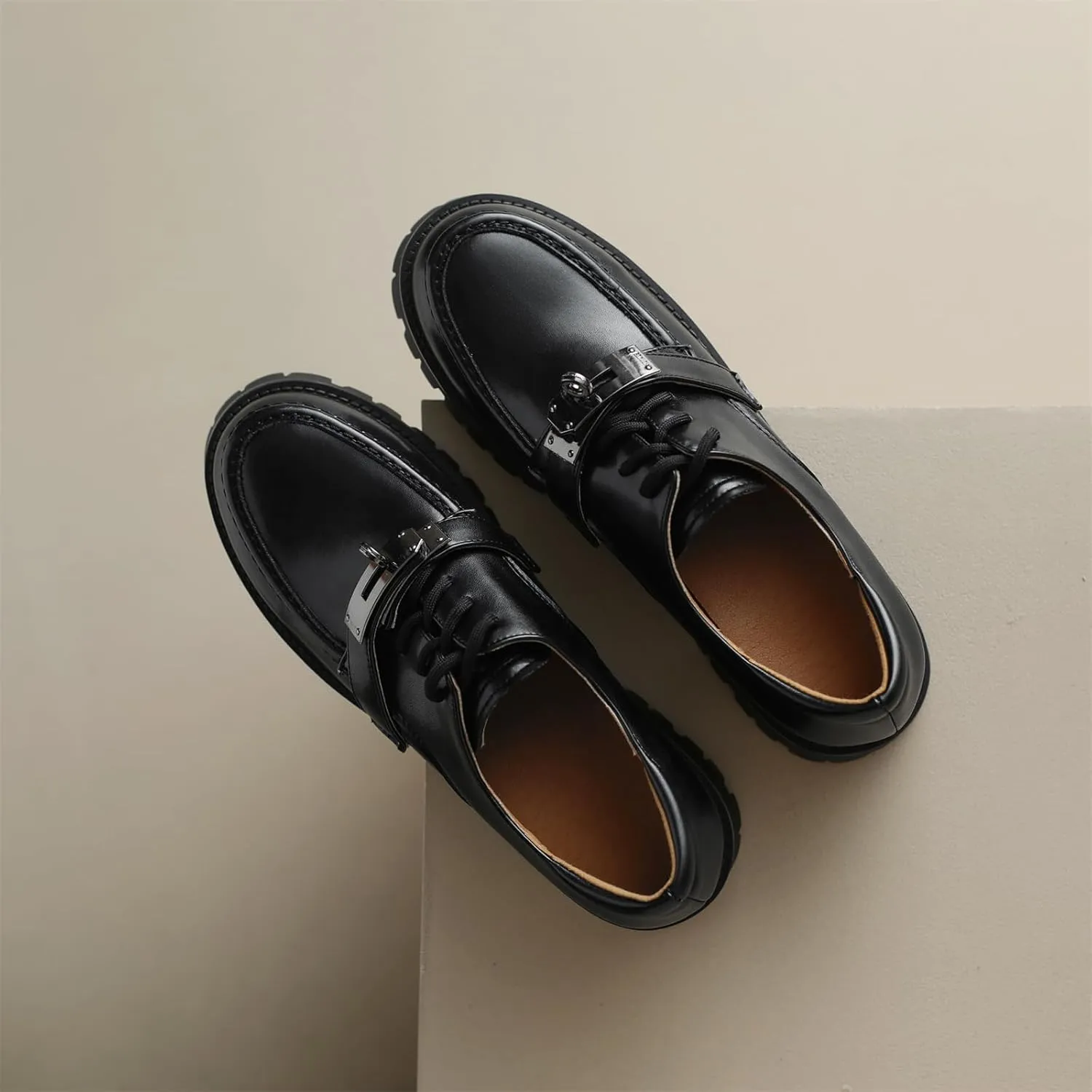 Women's Retro Platform Hook & Loop Round Closed Toe Pump Loafers Lace Up Chunky Mid Heel Metallic Office Work Casual Fashion Business Dress Shoes All Weather Daily Wear Flats