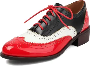 Women's Round Toe Low Chunky Heel Oxford Vintage Flat Pumps Comfortable Lace Up Business Wingtip Brogue Office Dress Shoes