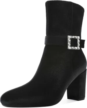 YODEKS Ankle Boots For Women Short Boots Round Toe Chunky Heel Boots Rhinestone Buckle Side Zip Boots