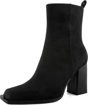 YODEKS Ankle Boots For Women Short Boots Square Toe Boots Chunky High Heel Side Zipper Boots