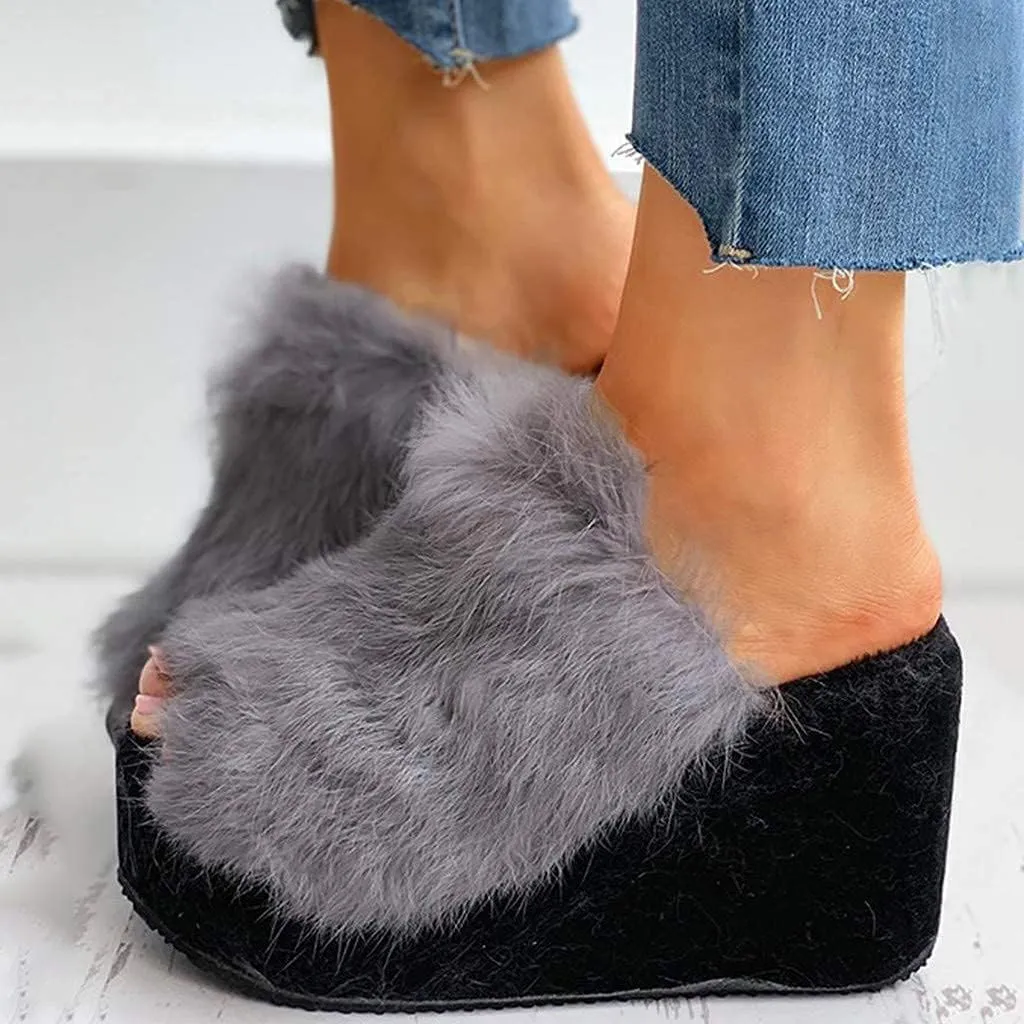 ZBYY Plush Slippers for Women Fluffy Summer Open Toe Wedges House Slippers Indoor or Outdoor Platforms Slides Slipper