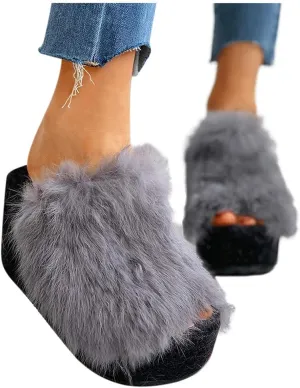 ZBYY Plush Slippers for Women Fluffy Summer Open Toe Wedges House Slippers Indoor or Outdoor Platforms Slides Slipper