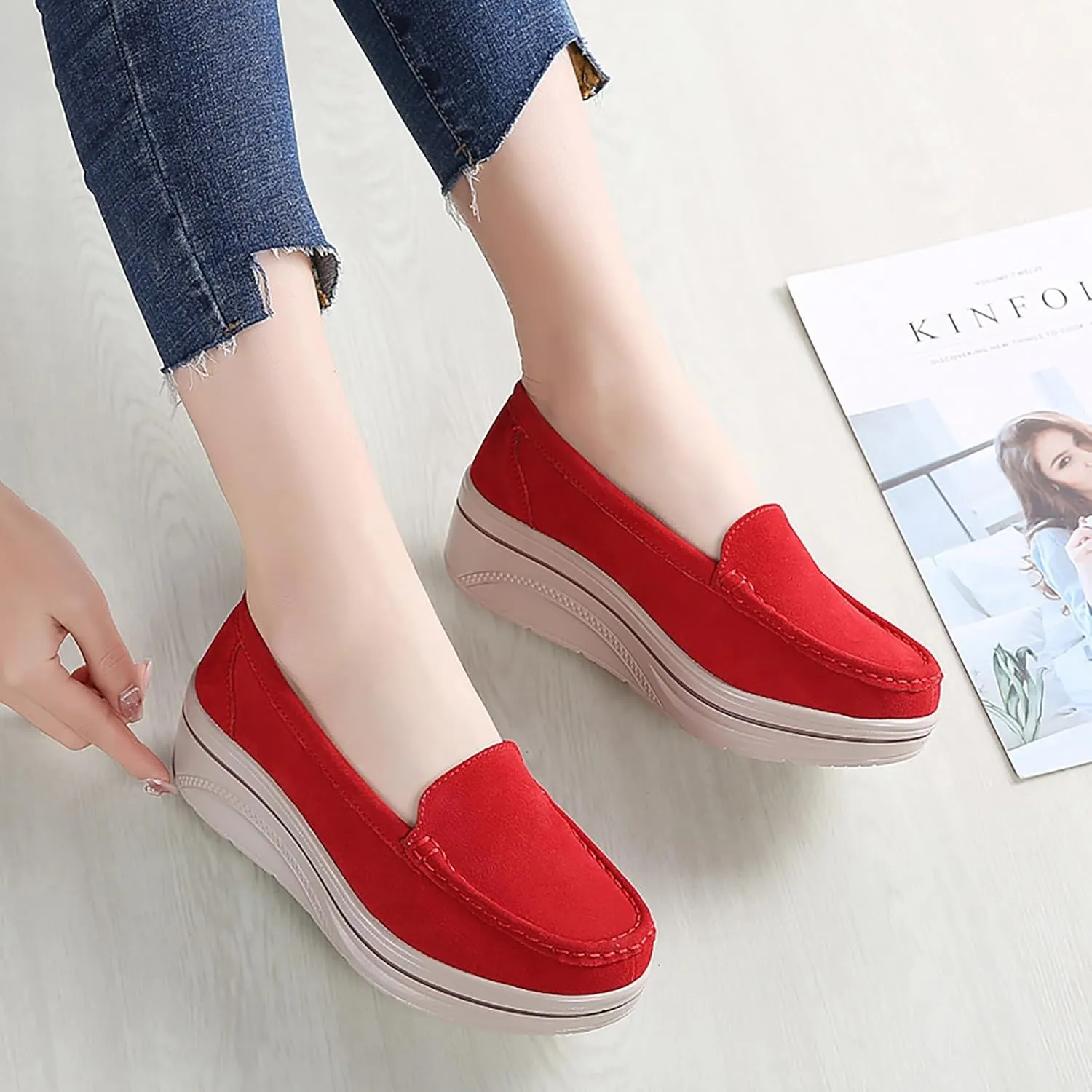 ZSpzx Comfy Platform Loafers for Women Slip On Round Toe Air Cushioned Jogging Shoes Arch Support Orthopedic Non Slip Walking Tennis Sneakers Wedge Boat Shoe Lightweight Footwear